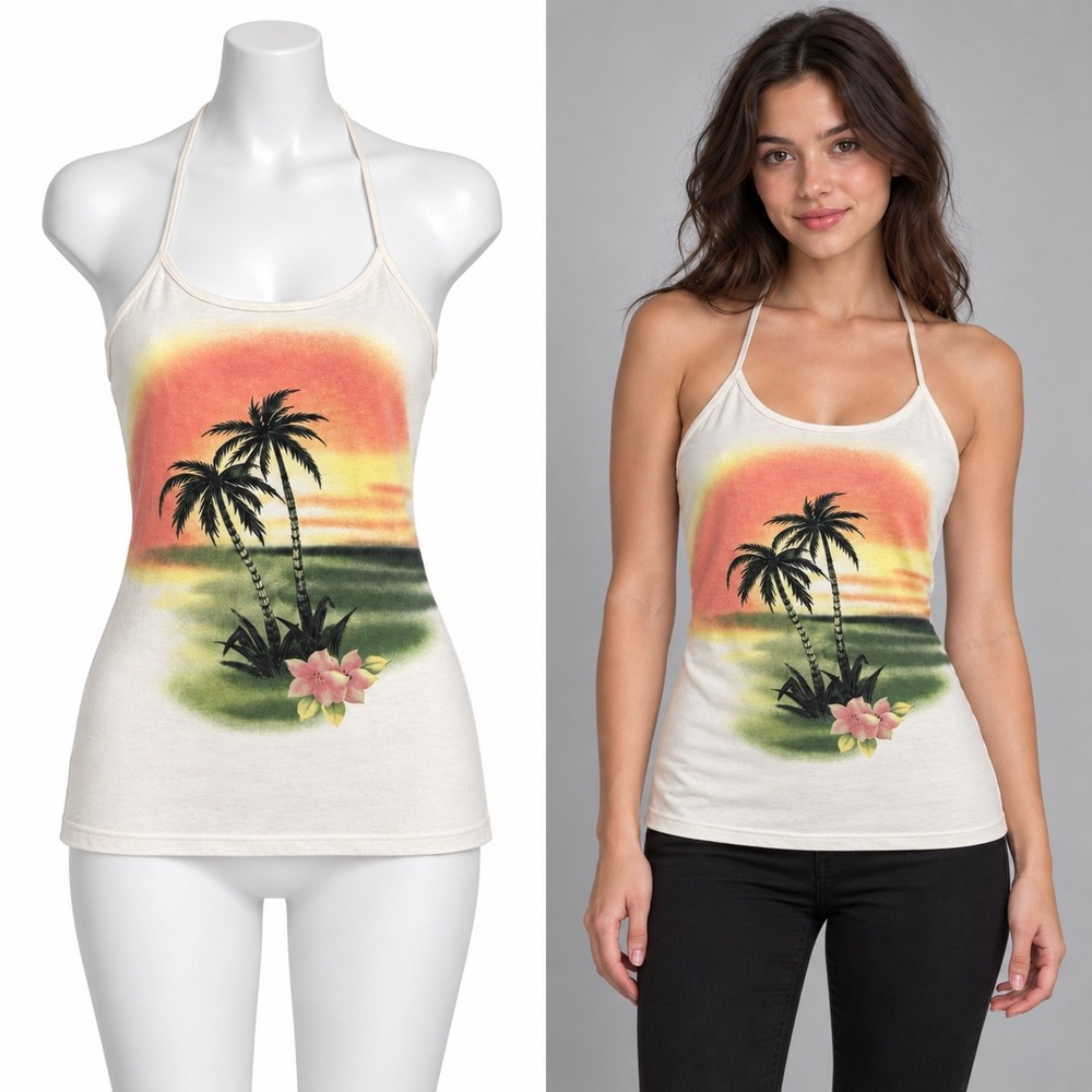 Victorias Secret Halter Top Women XS White Tropical Palm Tree Sunset Y2K Cotton
